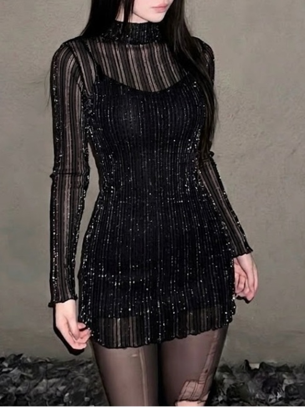 Black Sheer Glitter 2-in-1 Mini Dress